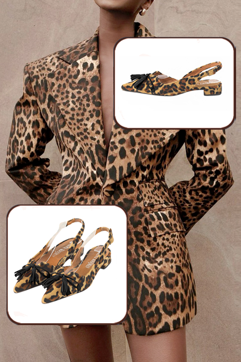 Women's animal print and matt black elegant slingback heels, with a bow on the front. Pointed toe. Flat flare heels - Top view